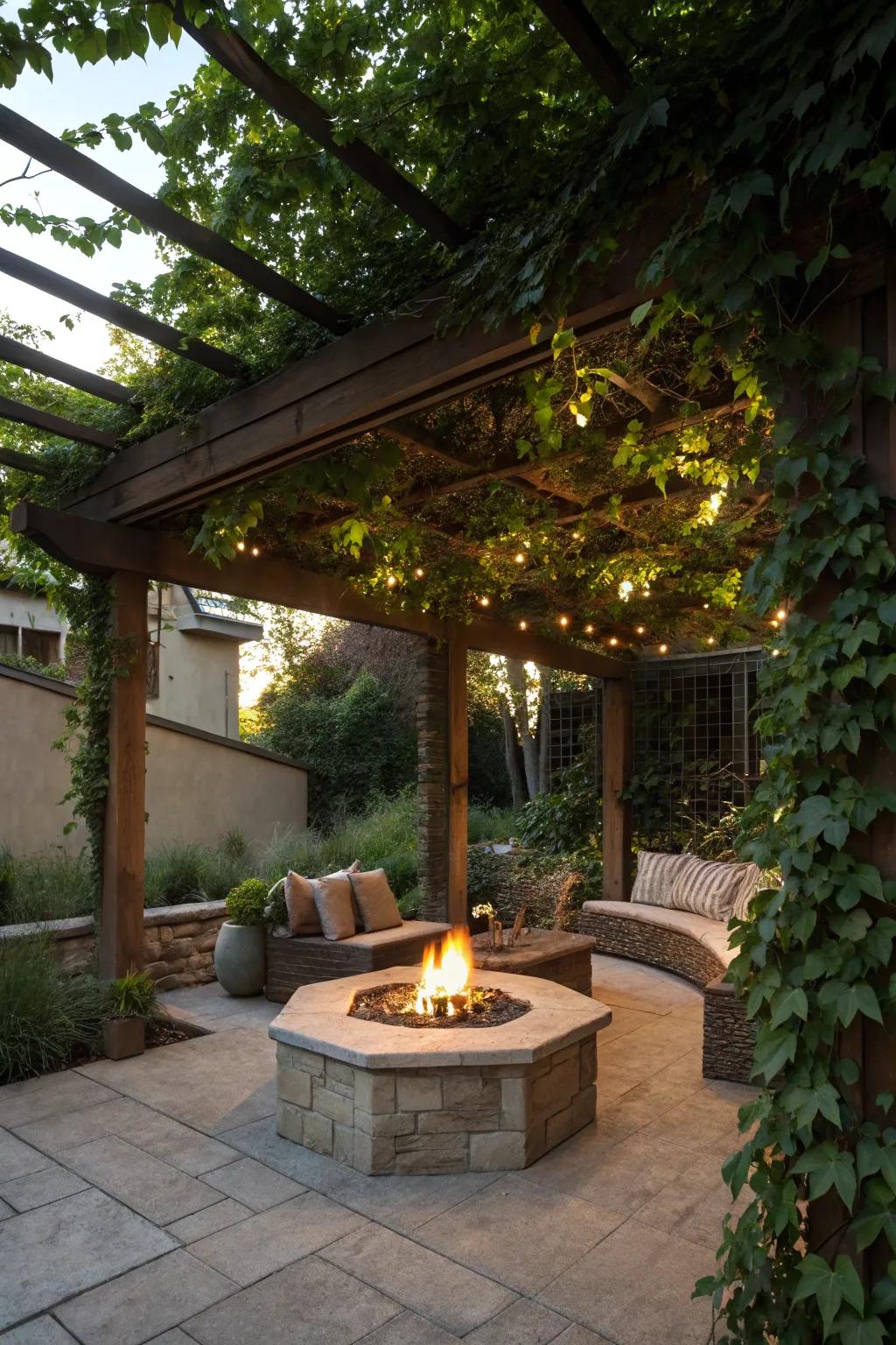 A trellis provides shade and structure, enhancing the fire pit zone with charm.
