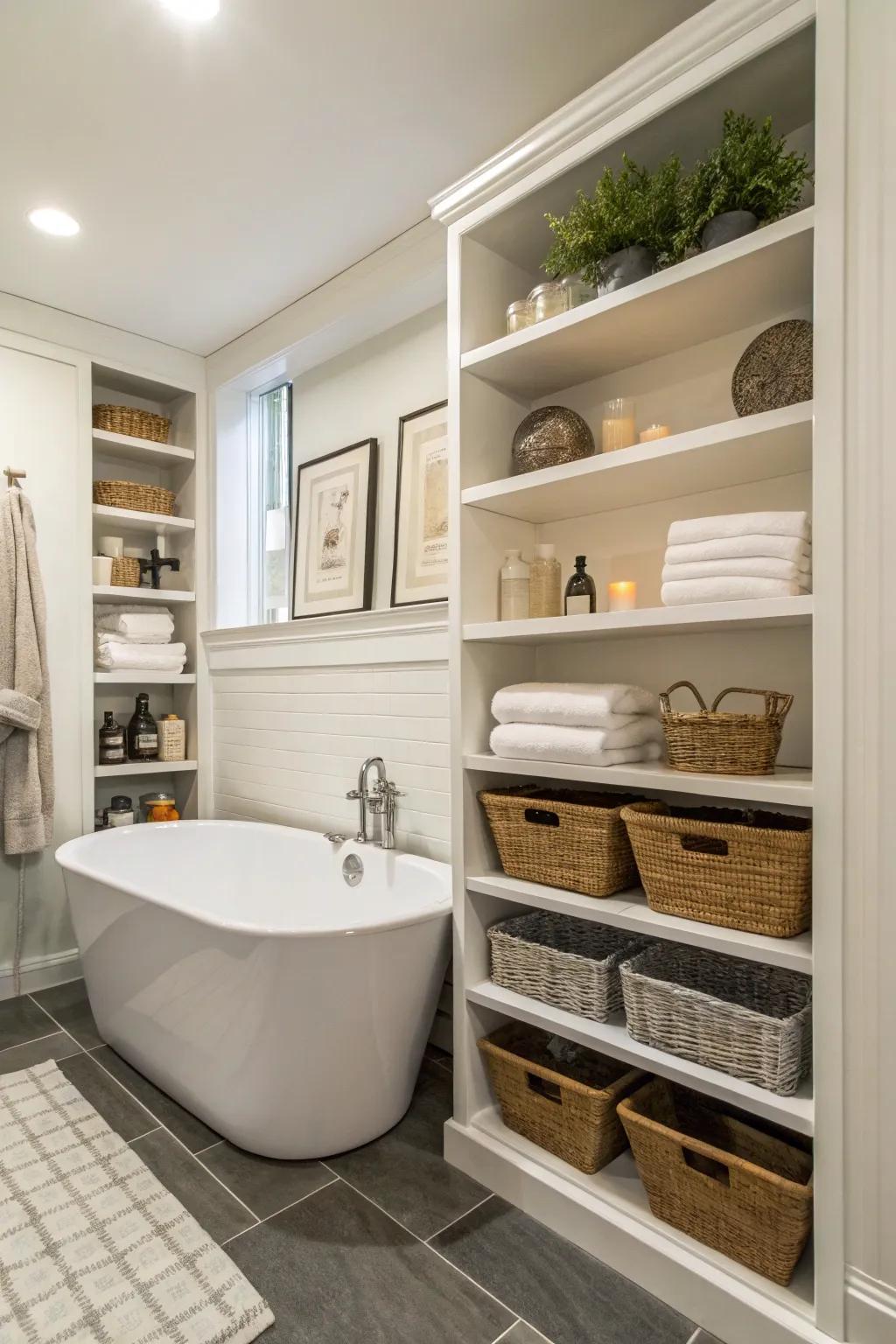 Built-in shelving keeps essentials organized and accessible.