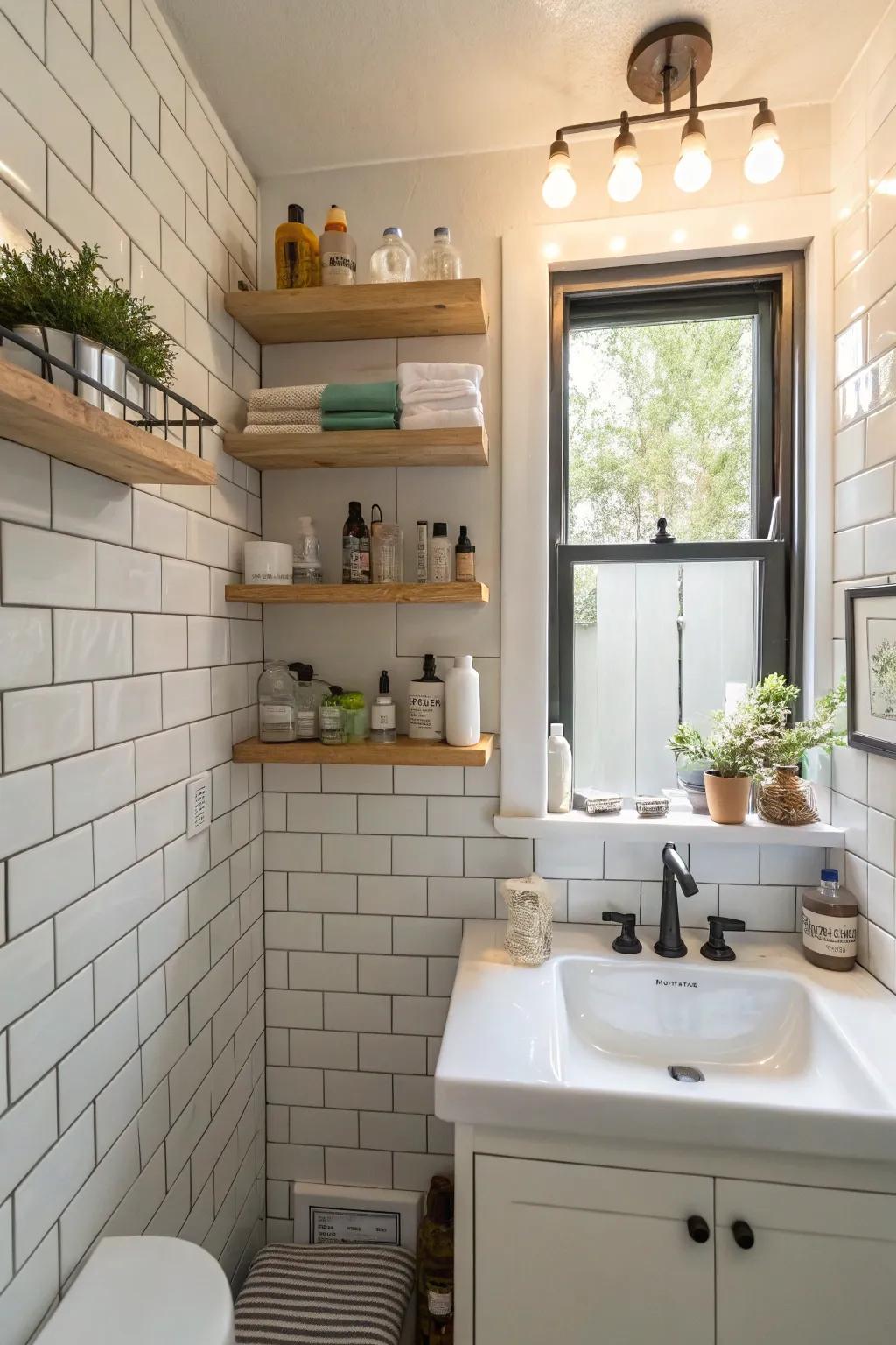 Floating racks provide elegant storage in a small bathroom.