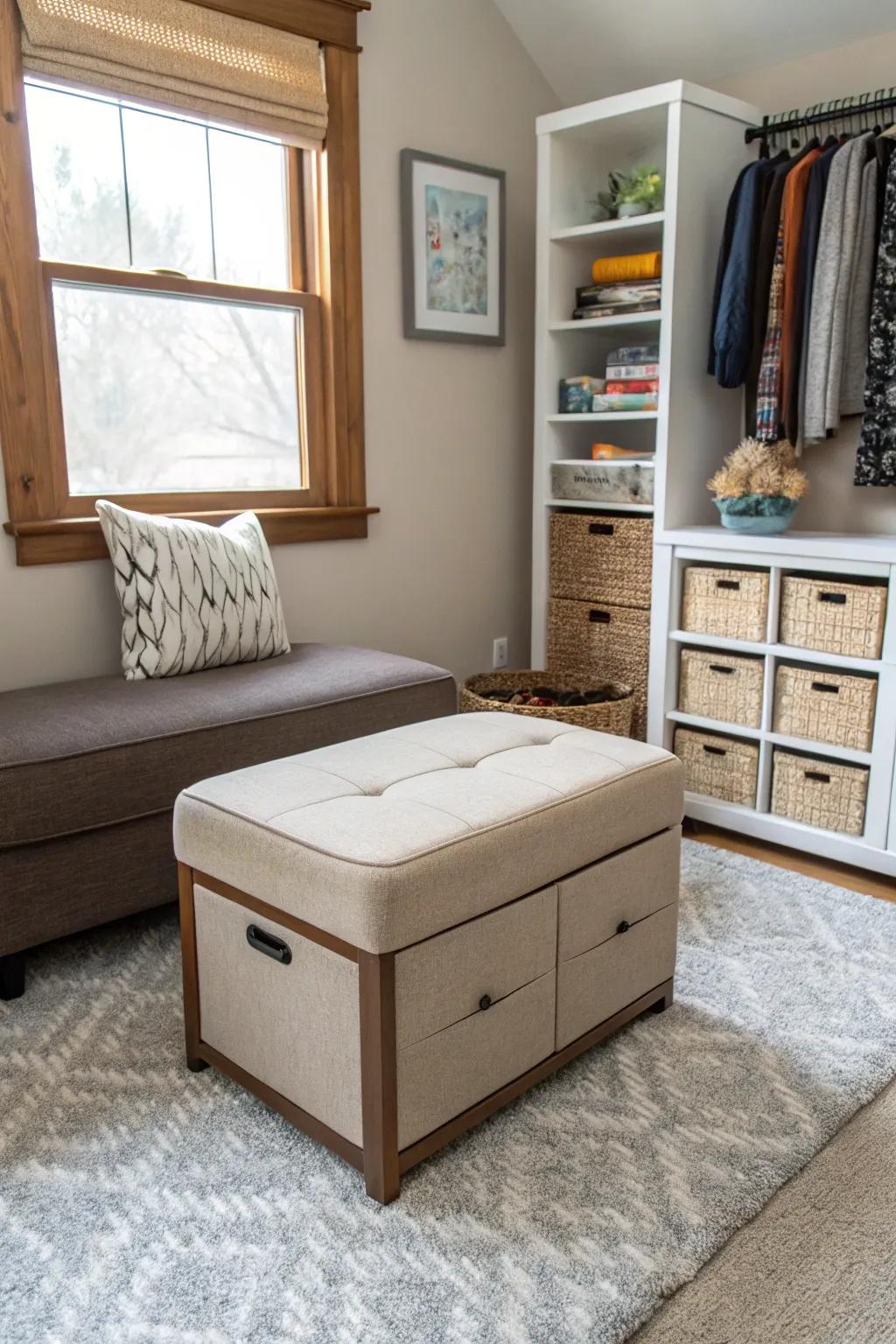 Multi-functional furnishings maximize utility in this condensed cigar area.