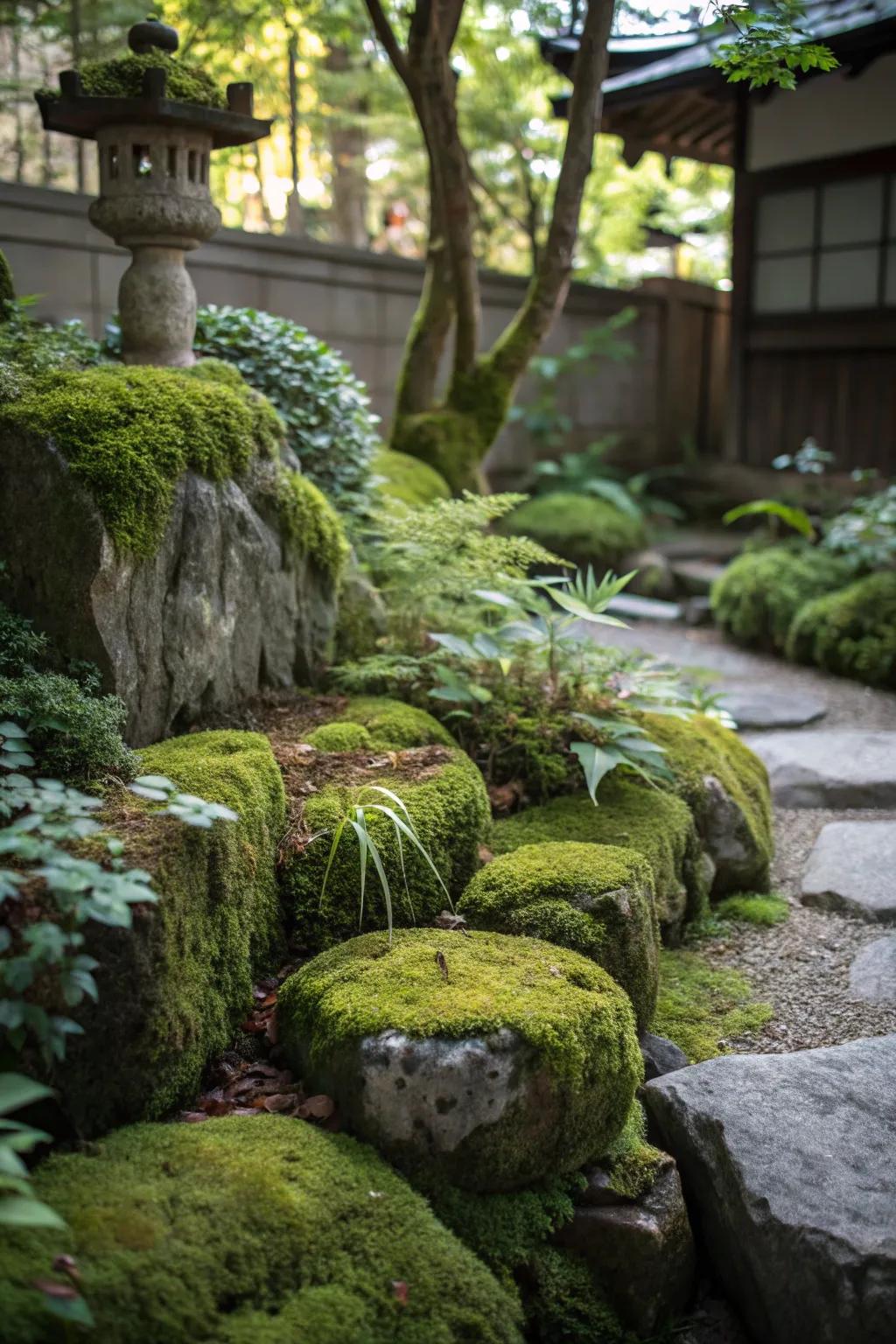 Moss-covered rocks adding a magical touch to this garden.