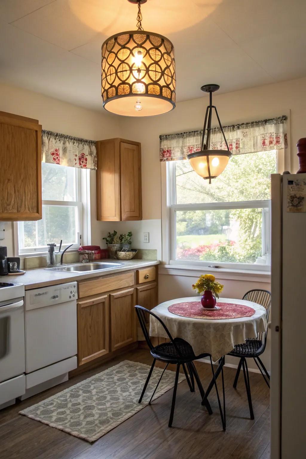 Statement lighting creates focus and drama.