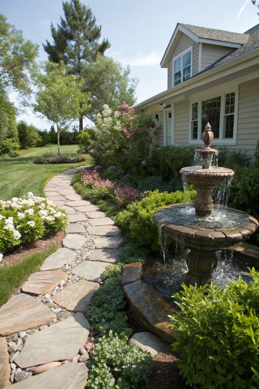 A stepping stone water feature invites exploration and interaction.
