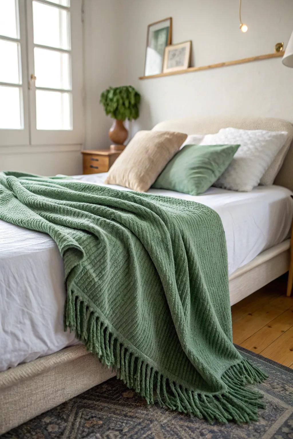 A green throw adds warmth and coziness.