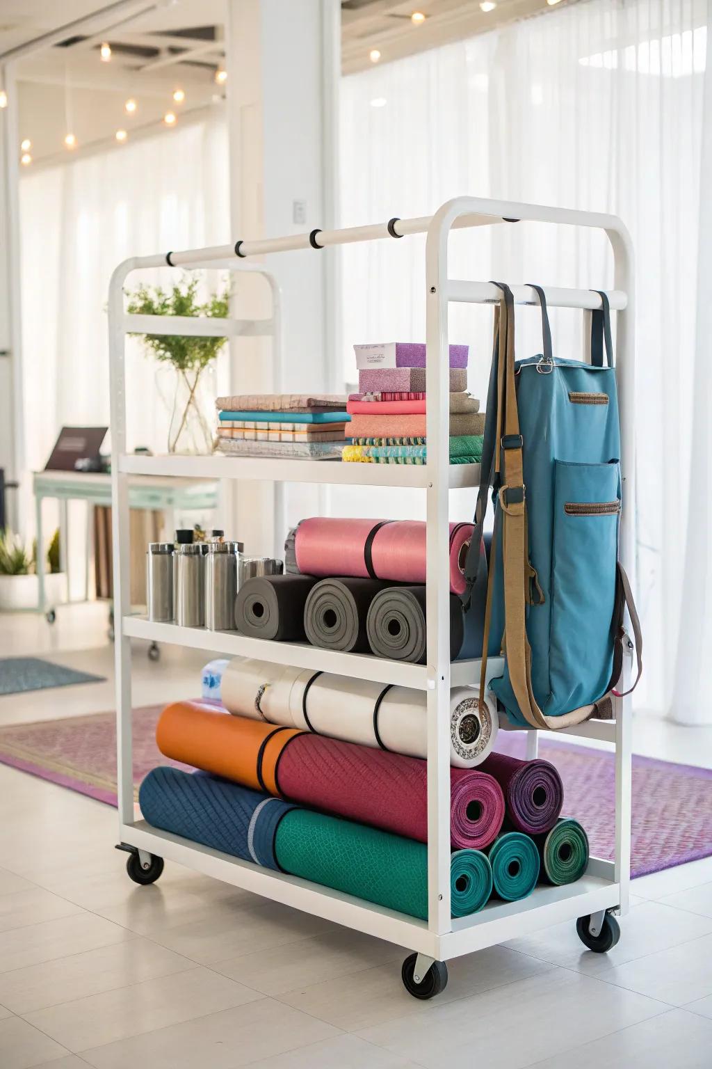 Mobile yoga station with a rolling cart for flexibility.