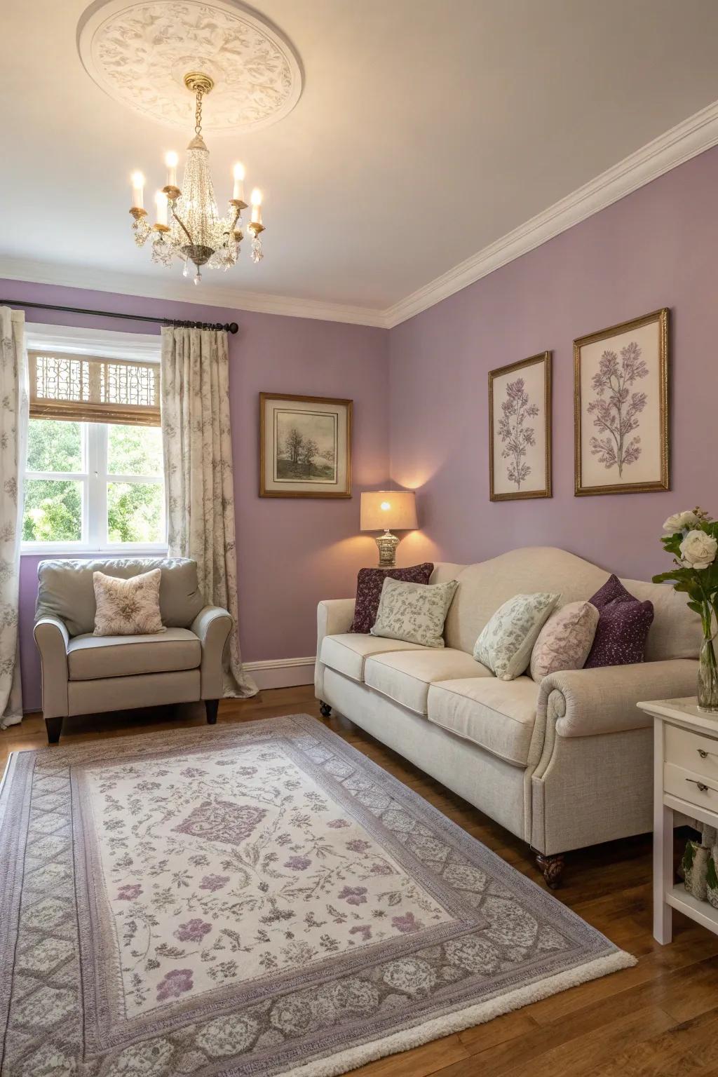 A snug parlor showcasing lavender walls for a charming stroke.