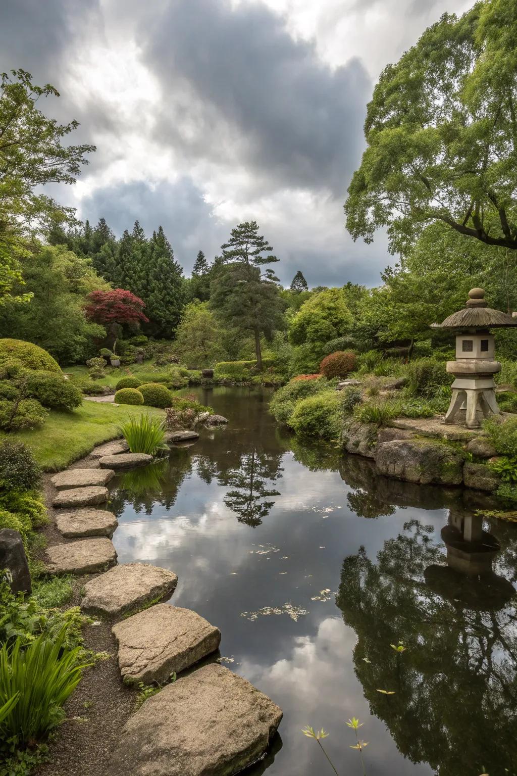 Reflective pool doubling the garden's allure.