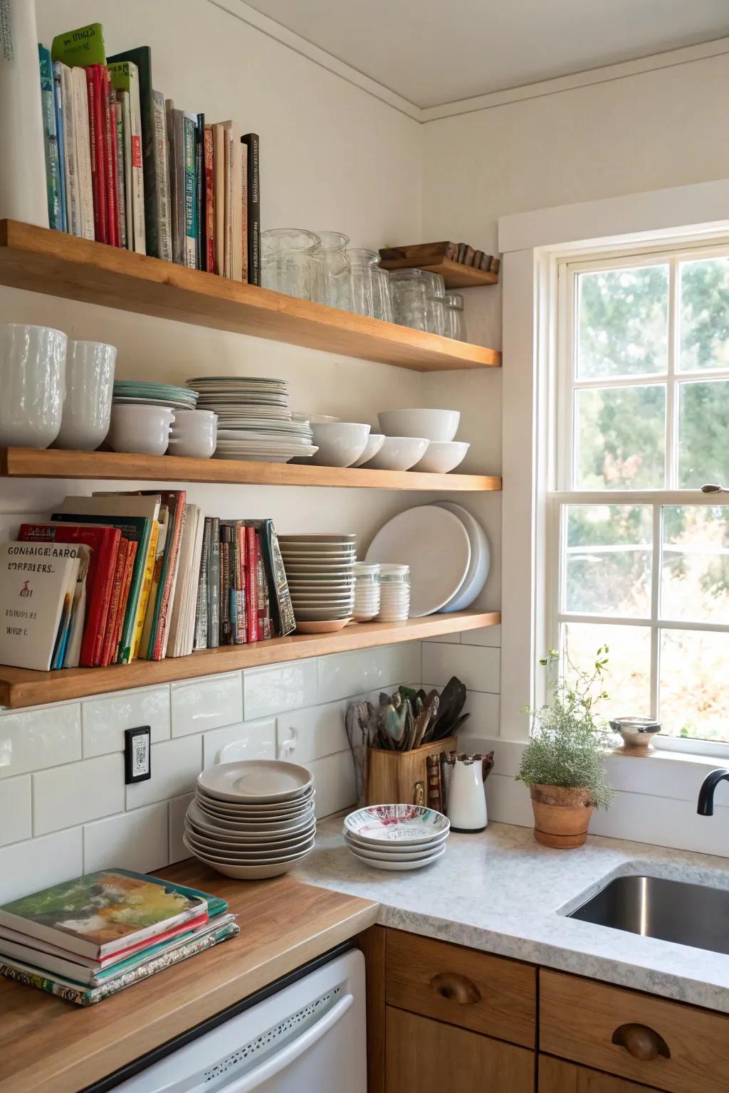 Floating mounts integrate storage and style into compact kitchens.