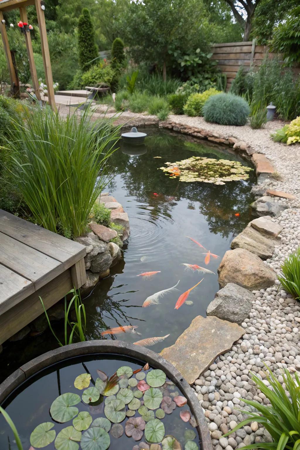 An eco-conscious marsh channel keeps this water garden crystal clear.