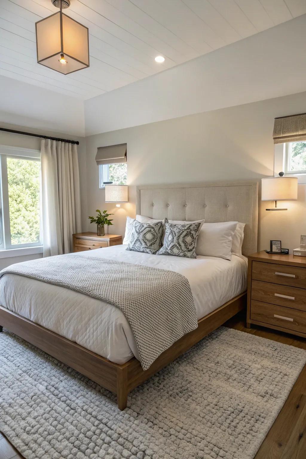 Elevated bedside consoles liberate space within a compact primary bedroom.
