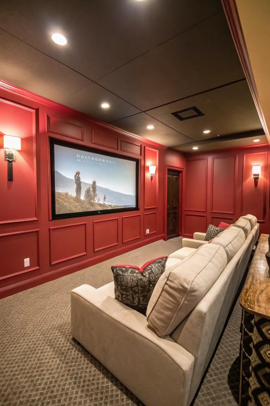 A striking accent wall enhances the movie atmosphere.