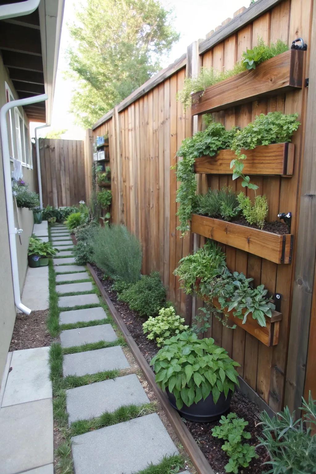 Standing herb gardens provide fresh flavors and scents in slim side yards.