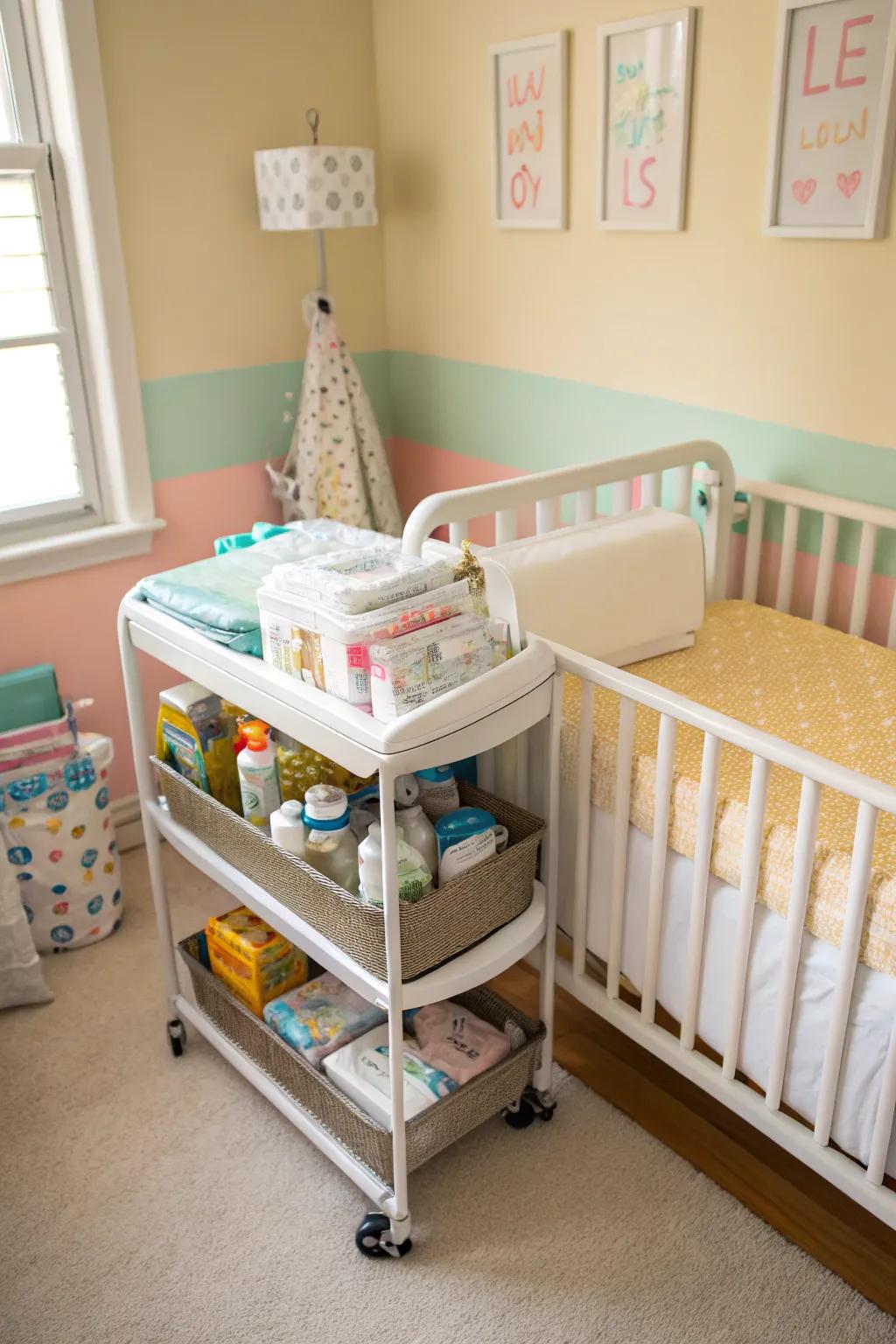 A mobile storage cart offers flexibility and accessibility.