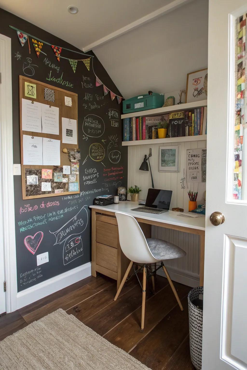 A chalkboard wall offers a practical and artistic outlet.