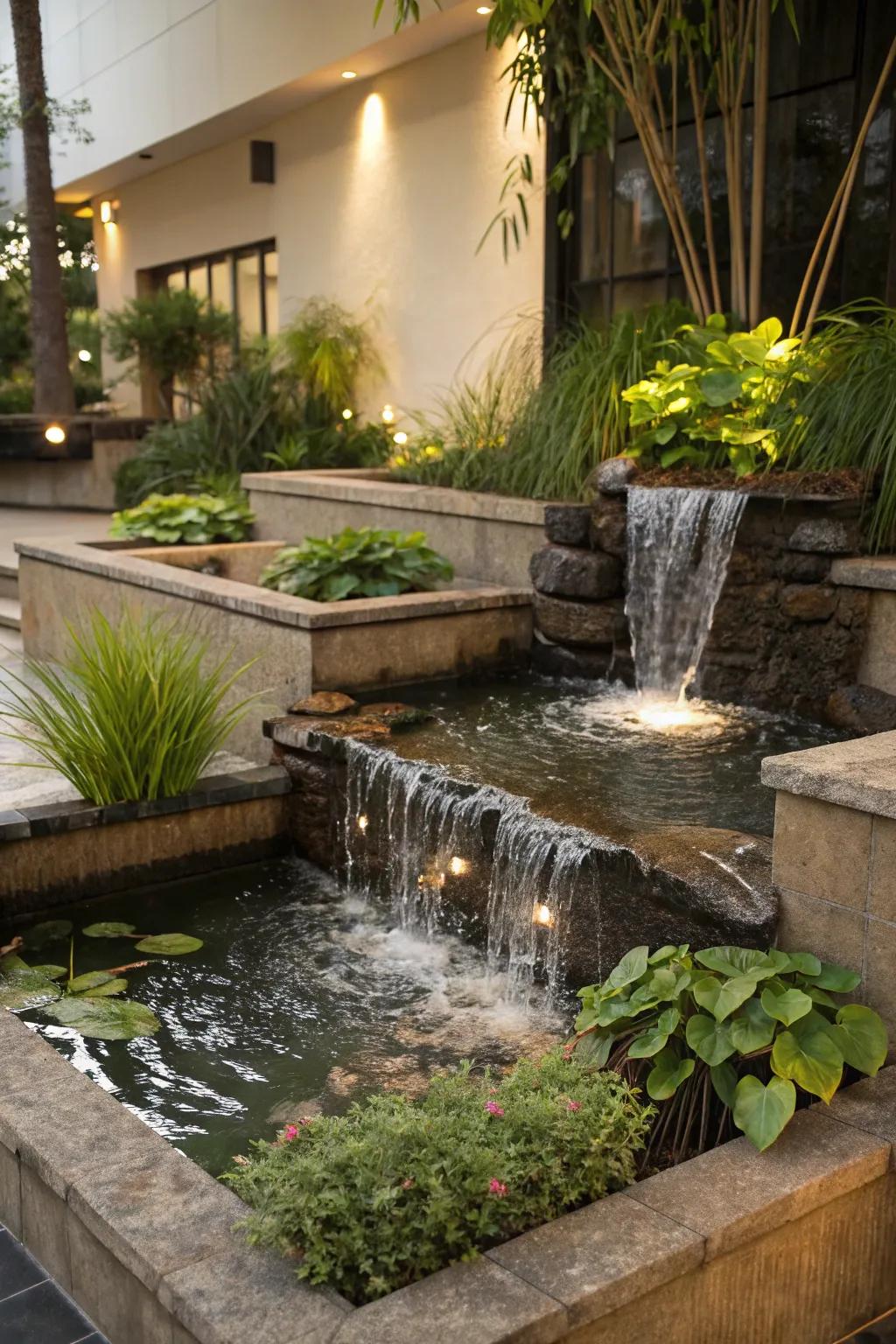 Multi-level ponds offer dynamic movement and aesthetic appeal.