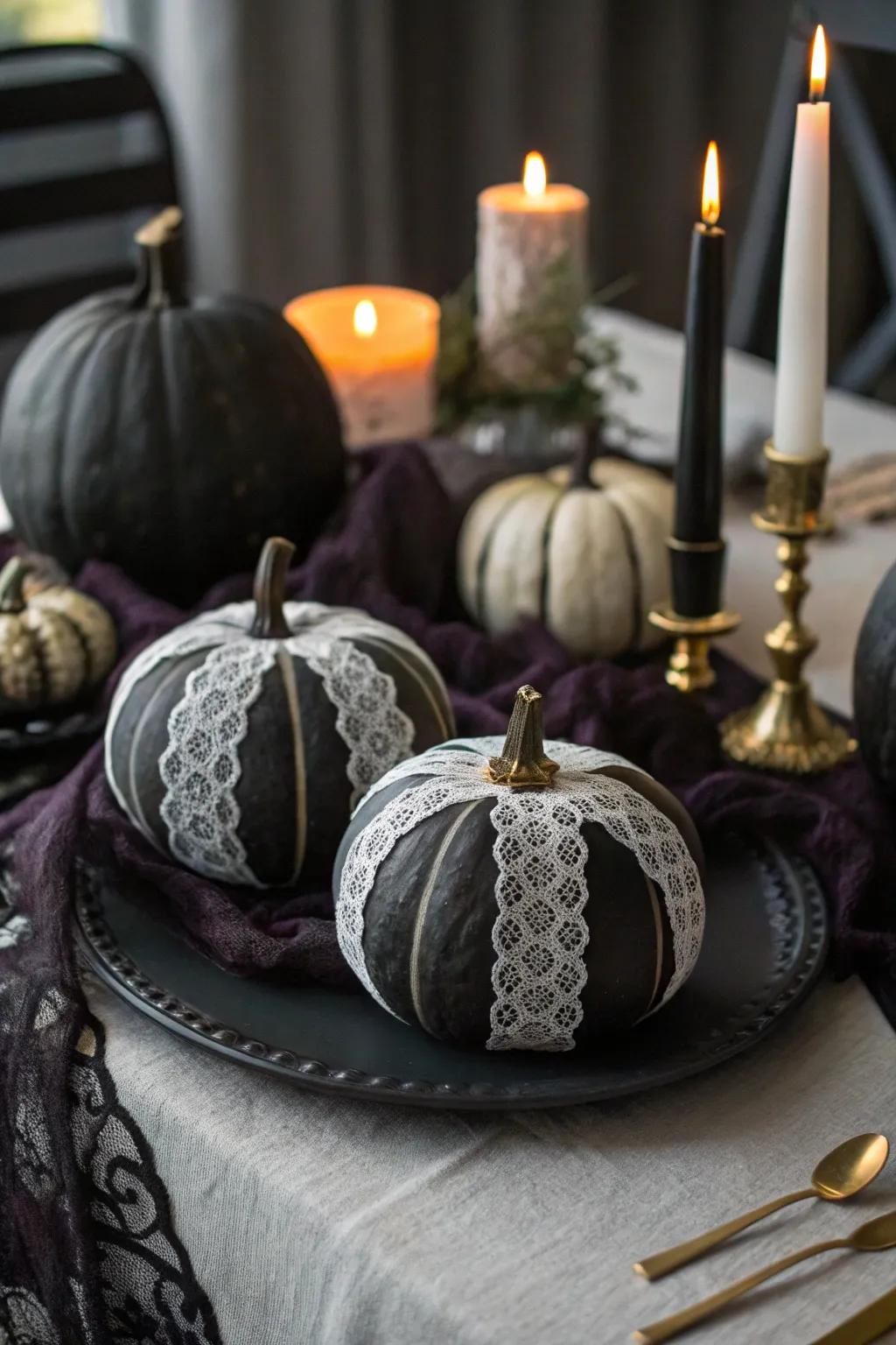 Gothic pumpkins show mystery and sophistication through their black textile and paint.