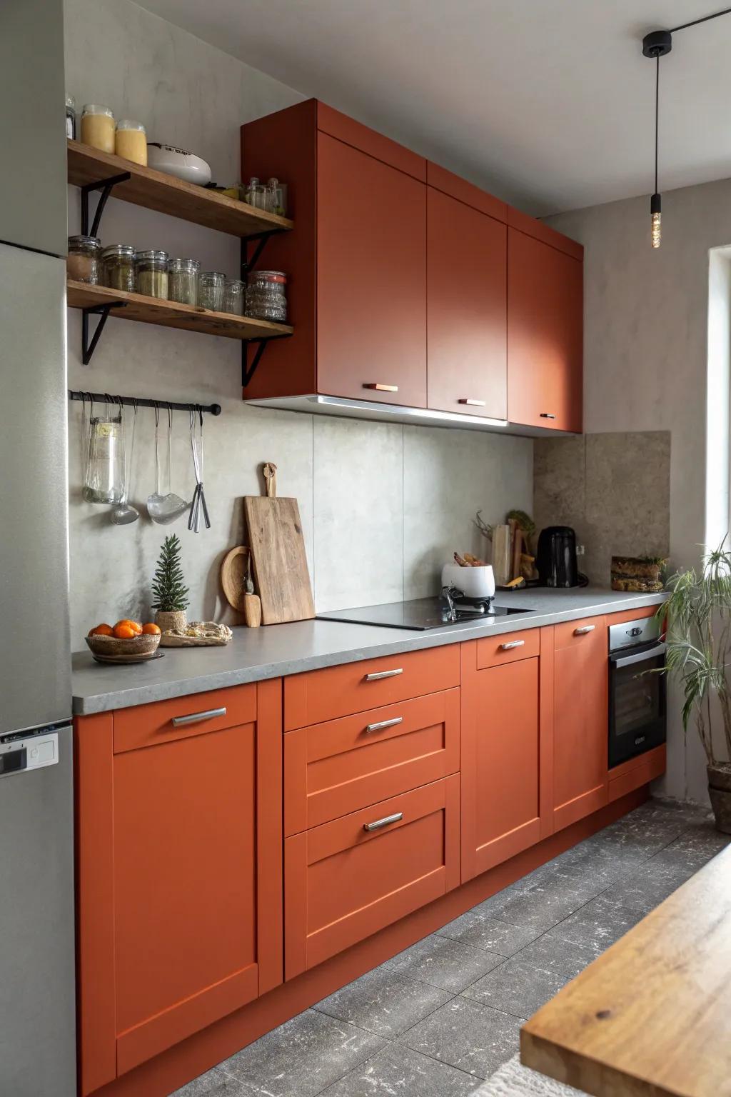 Lively red-orange and dove gray creating a cheerful kitchen atmosphere.