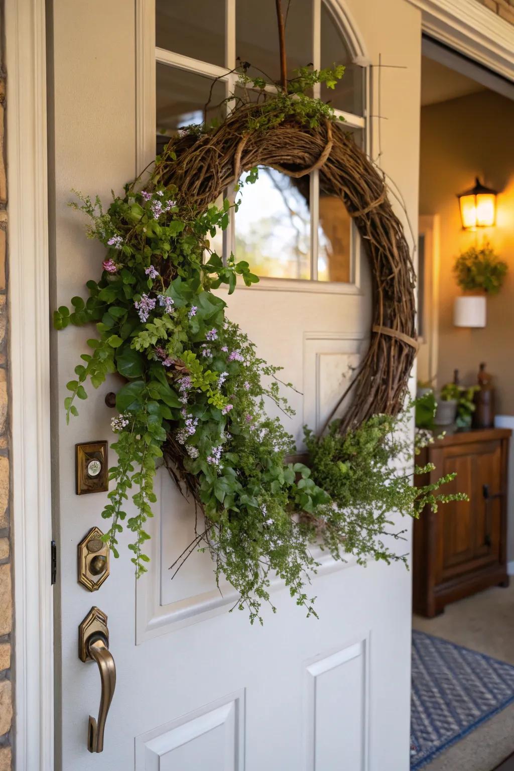 A twisted vine wreath with flowers offers a warm and rustic greeting.