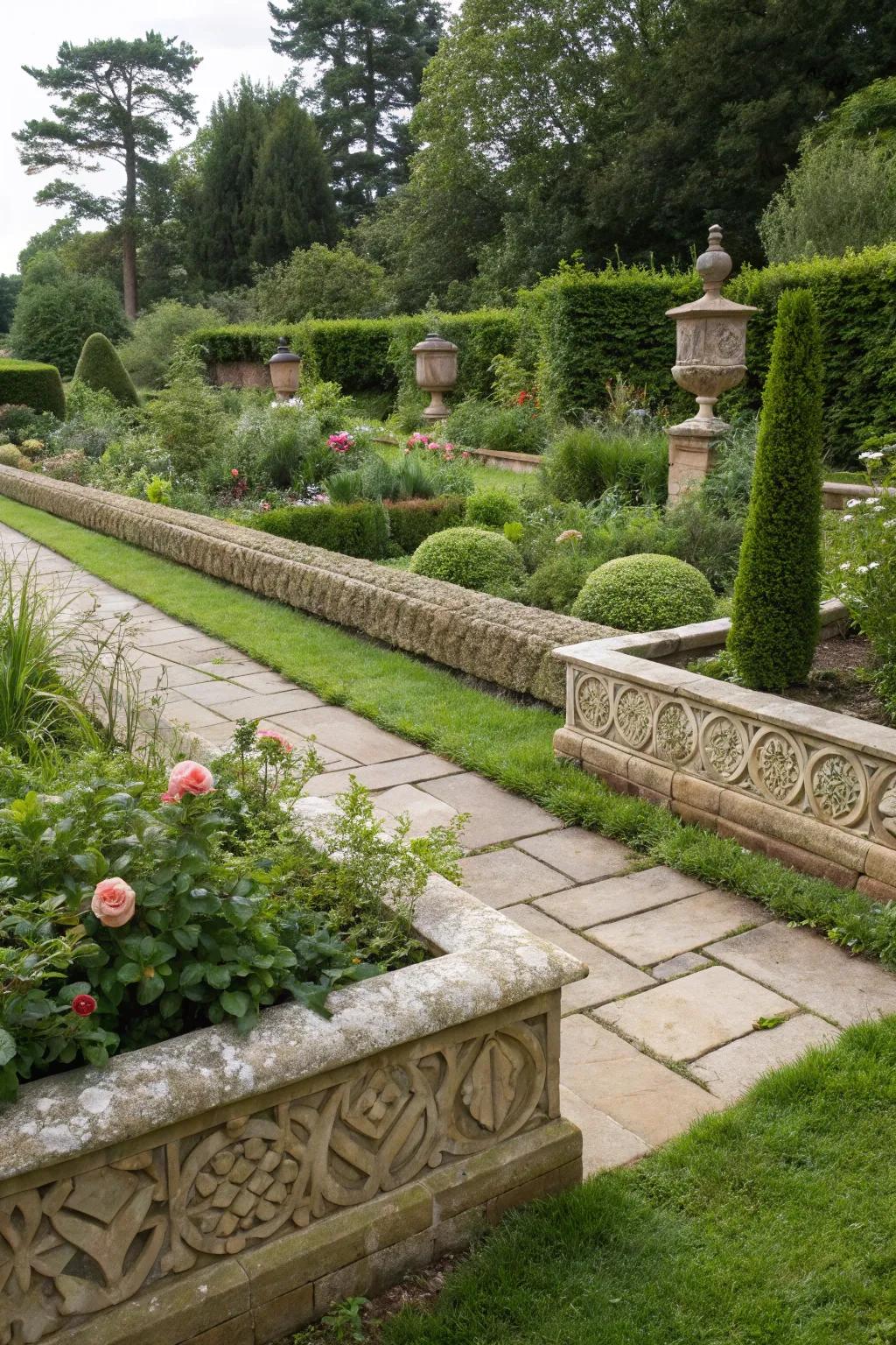 Ornamental rock perimeters that delineate and embellish garden expanses.