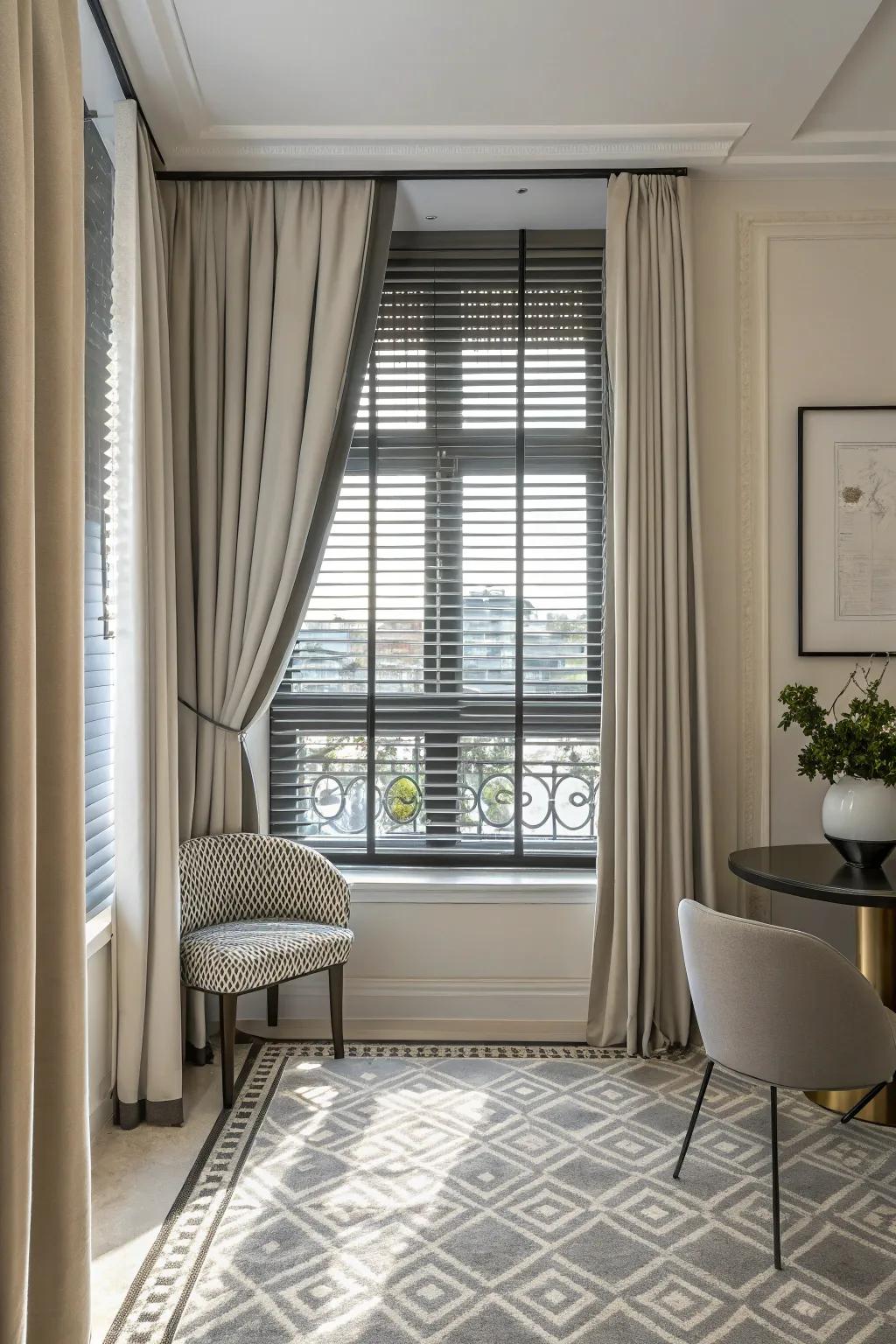 Metallic window coverings introduce a contemporary, glamorous accent.