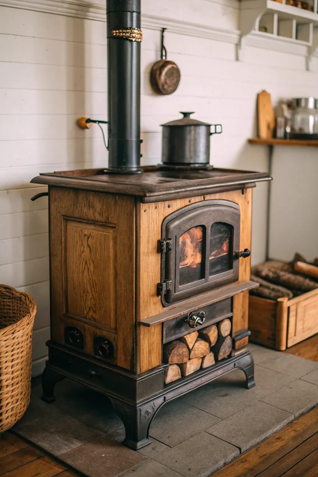 A vintage-style timber heater injects nostalgic charm into any room.