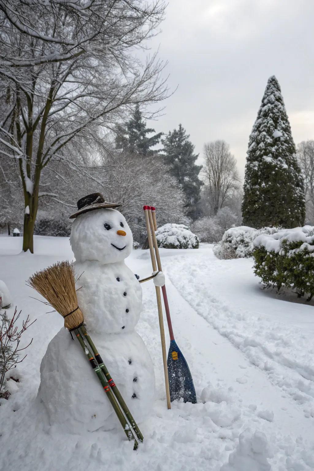 A Frosty poised for adventure through skis and sweeper.