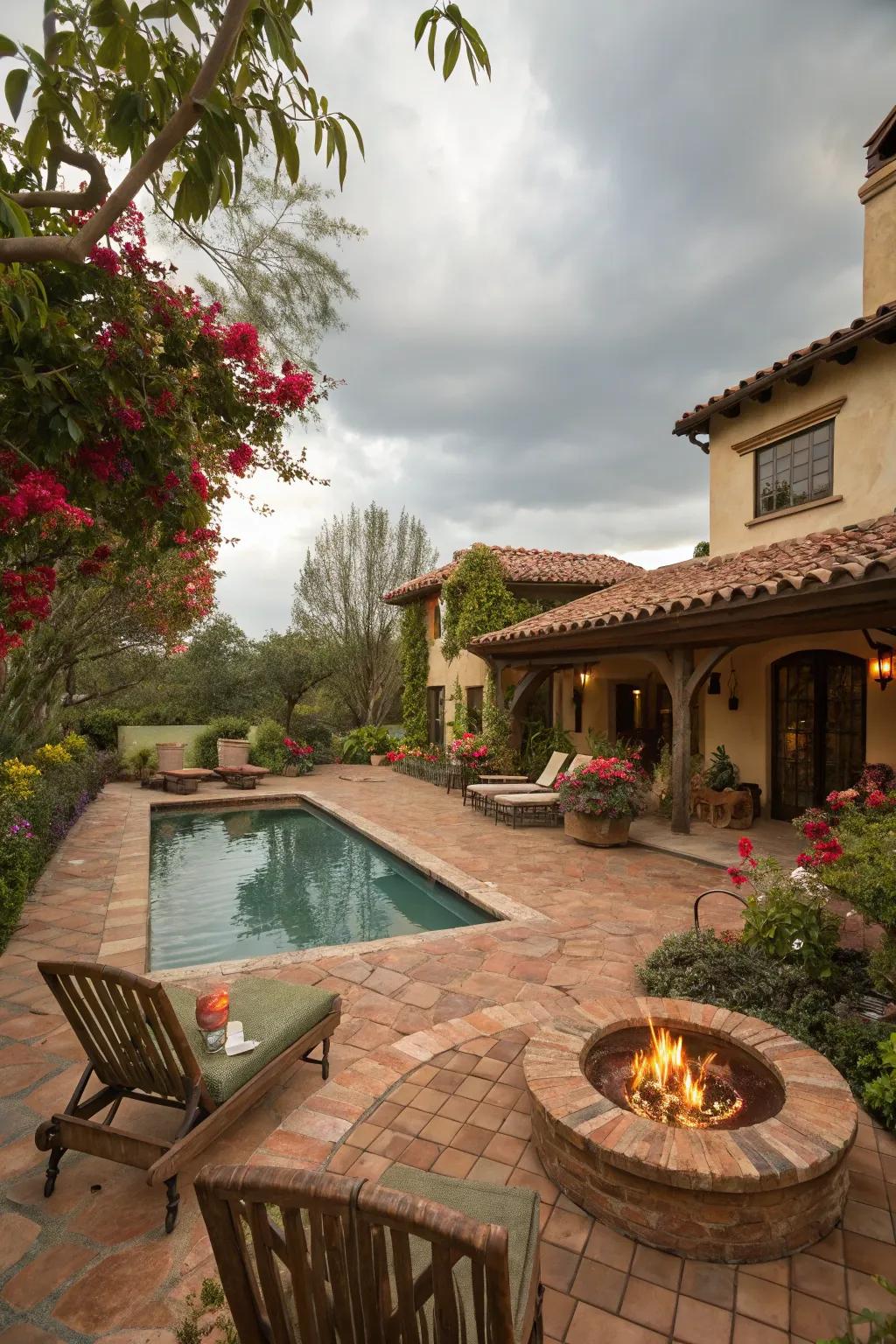A bonfire serves as a cozy socializing spot in this Spanish-inspired garden.
