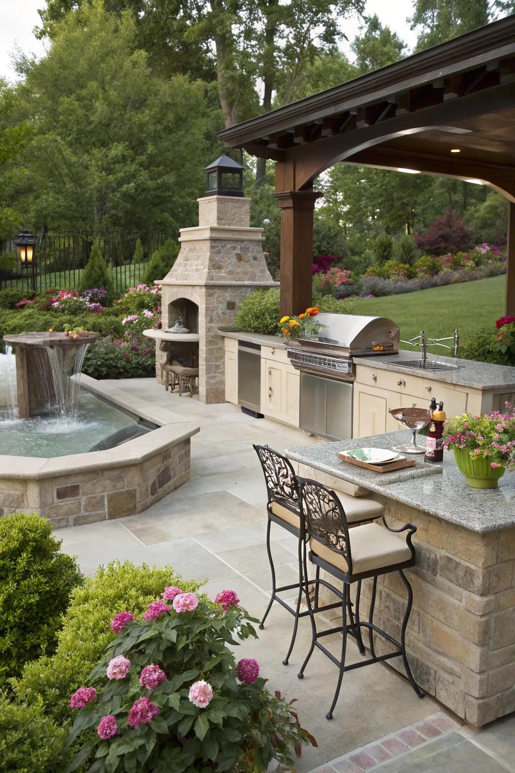 A small fountain adds tranquility and charm to this open-air cooking area setting.