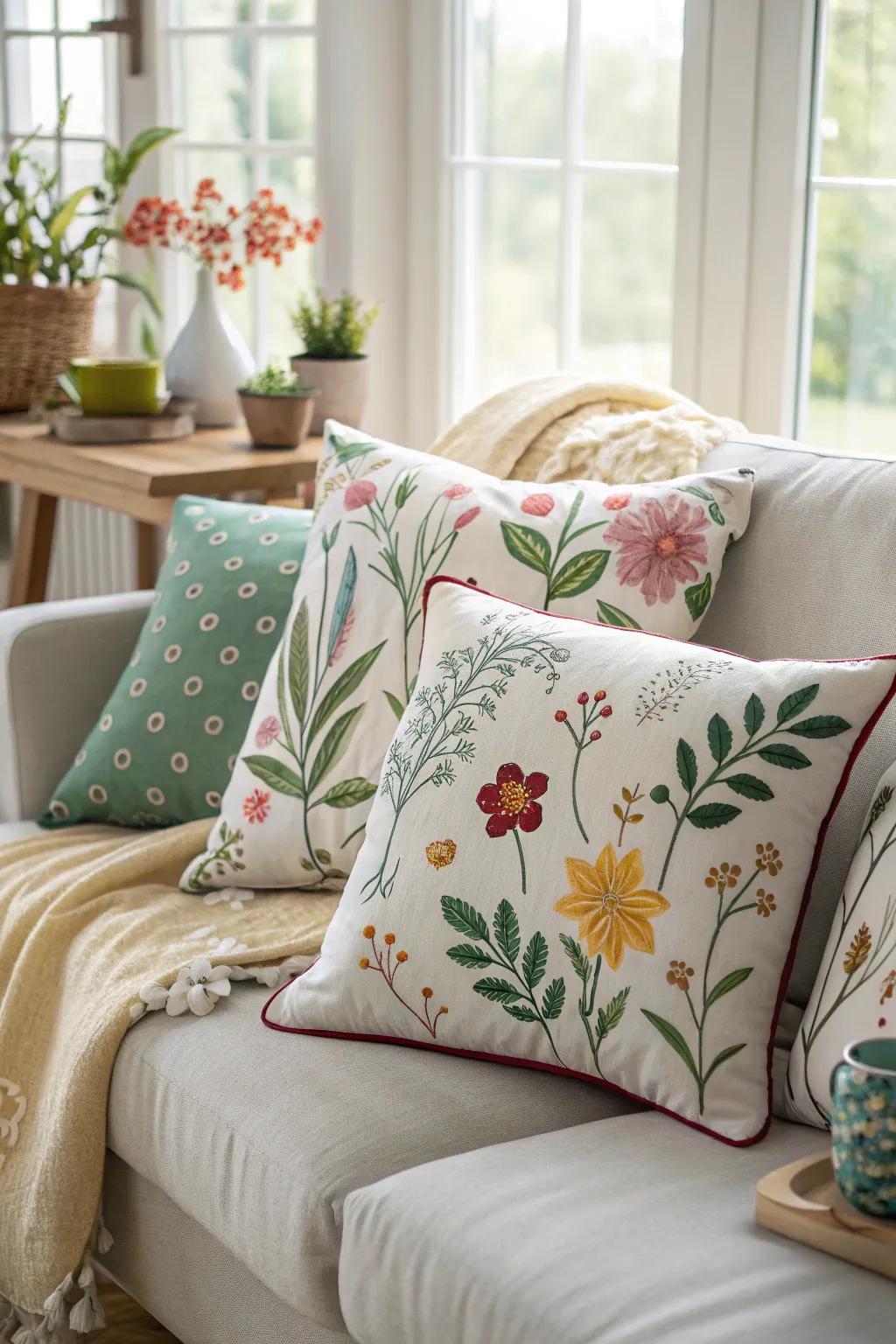 Seasonal throws with spring motifs refresh the room's decor.