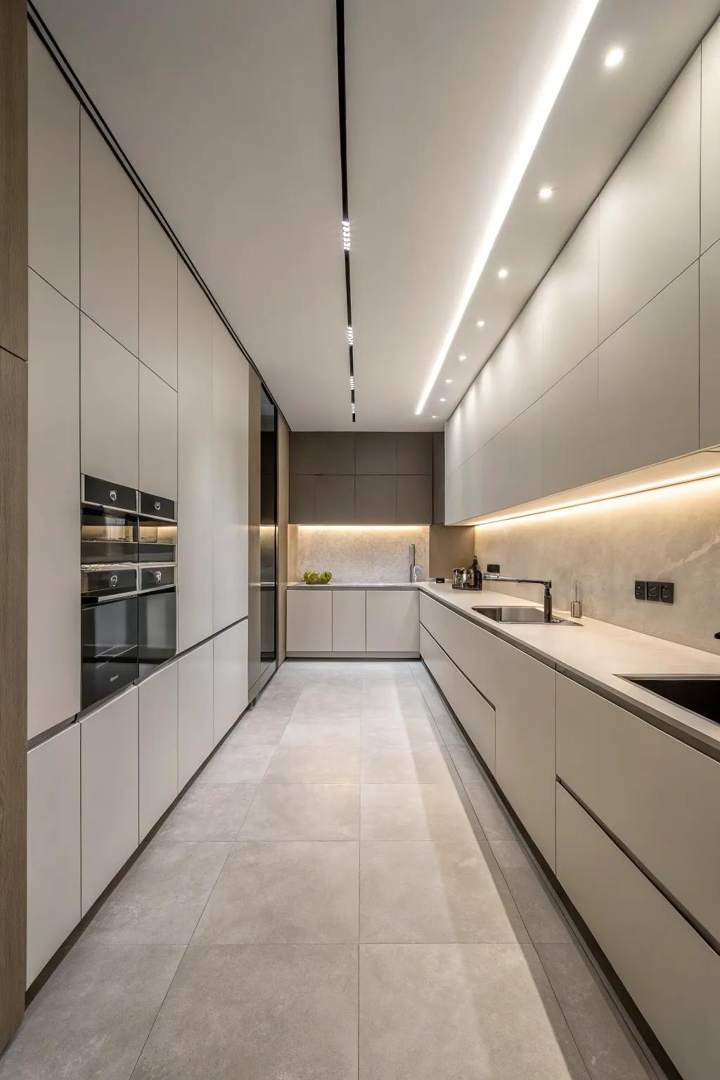 Streamlined, handle-less cabinets emphasize the height and modernity of the kitchen.