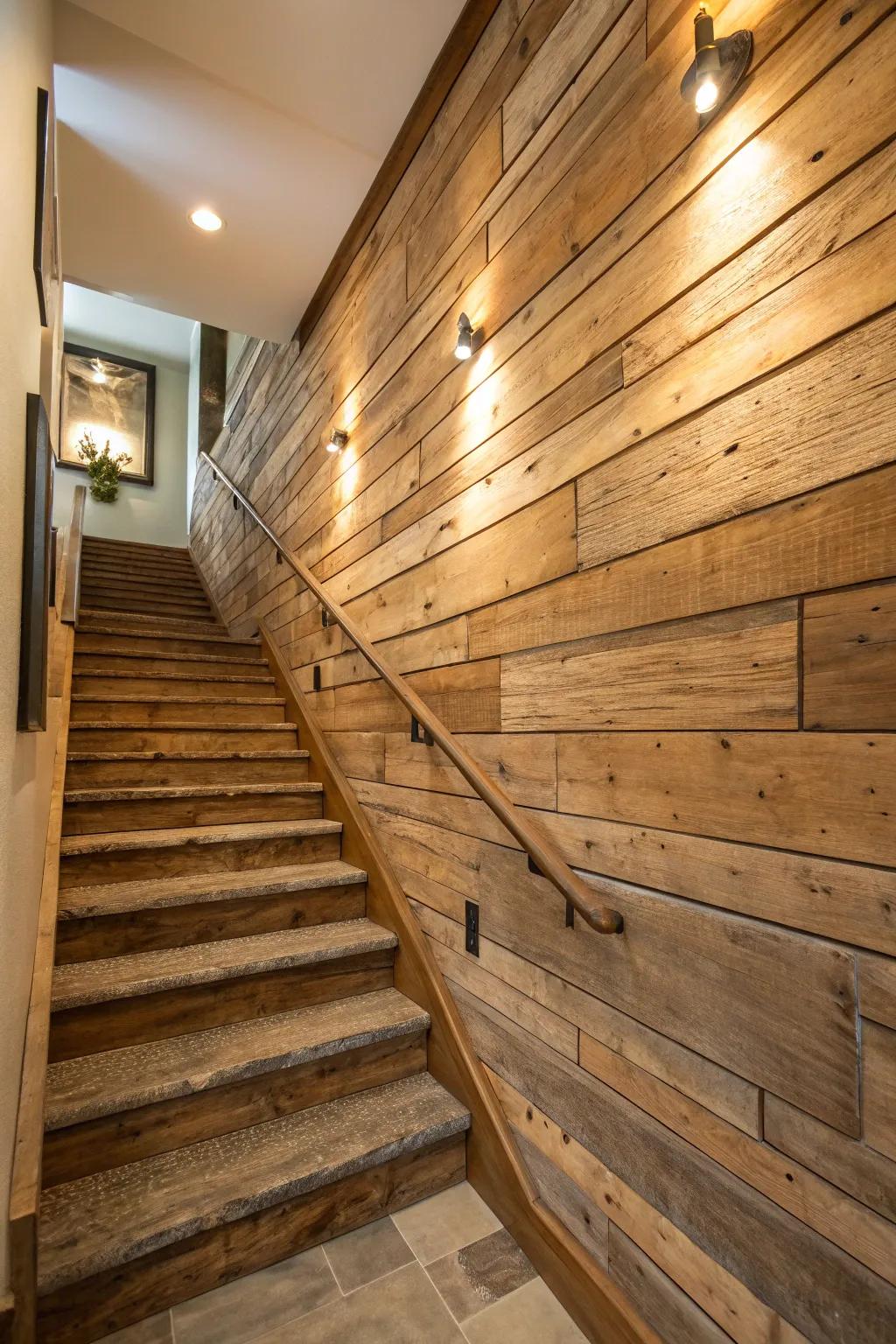 Staircase walls get a cozy and welcoming atmosphere from rustic wood accents.
