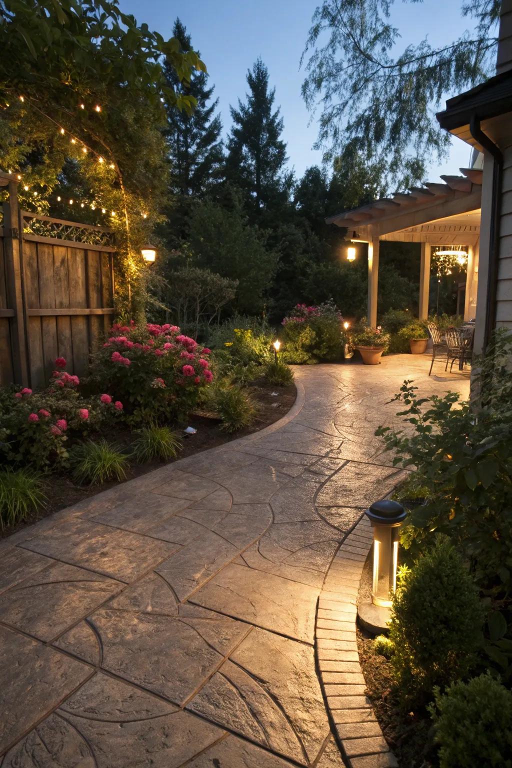 A stamped concrete patio glowing with ambient lighting.