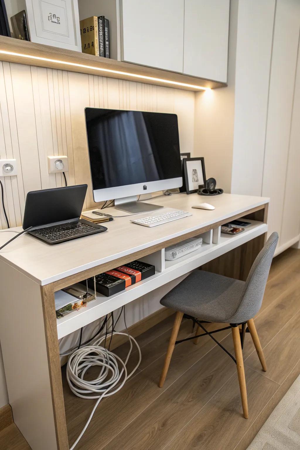 Built-in desk openings guide cords, improving the workspace.