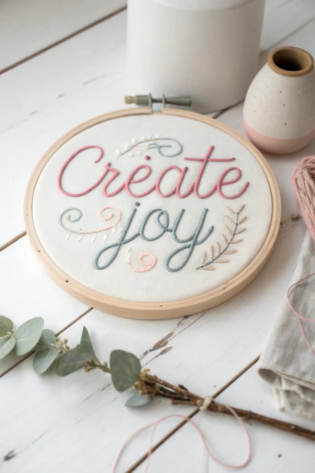 Add a touch of inspiration to your space using elegant hand-stitched word art.