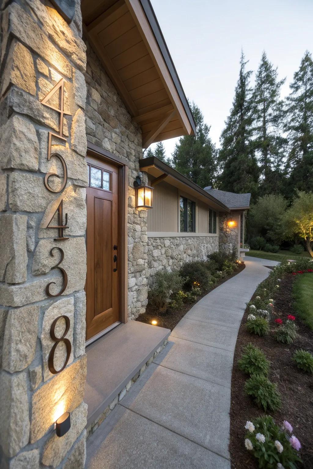Stone address numbers offer a personalized detail.
