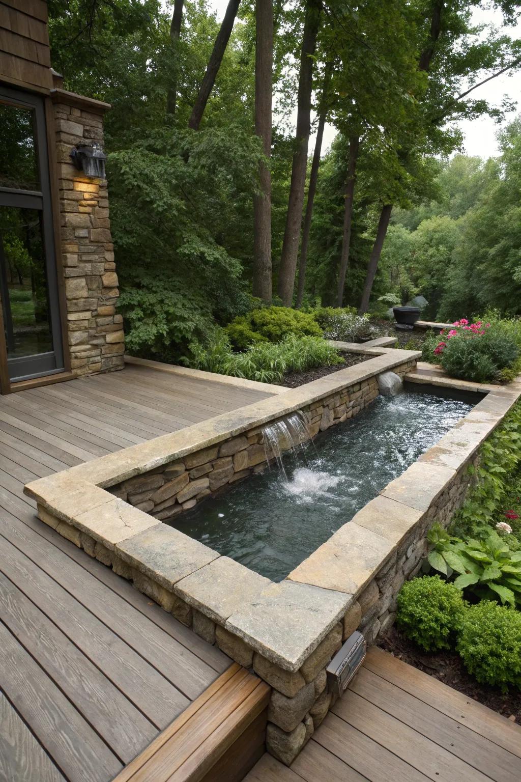 A serene deck featuring rock trim with a comforting water feature.