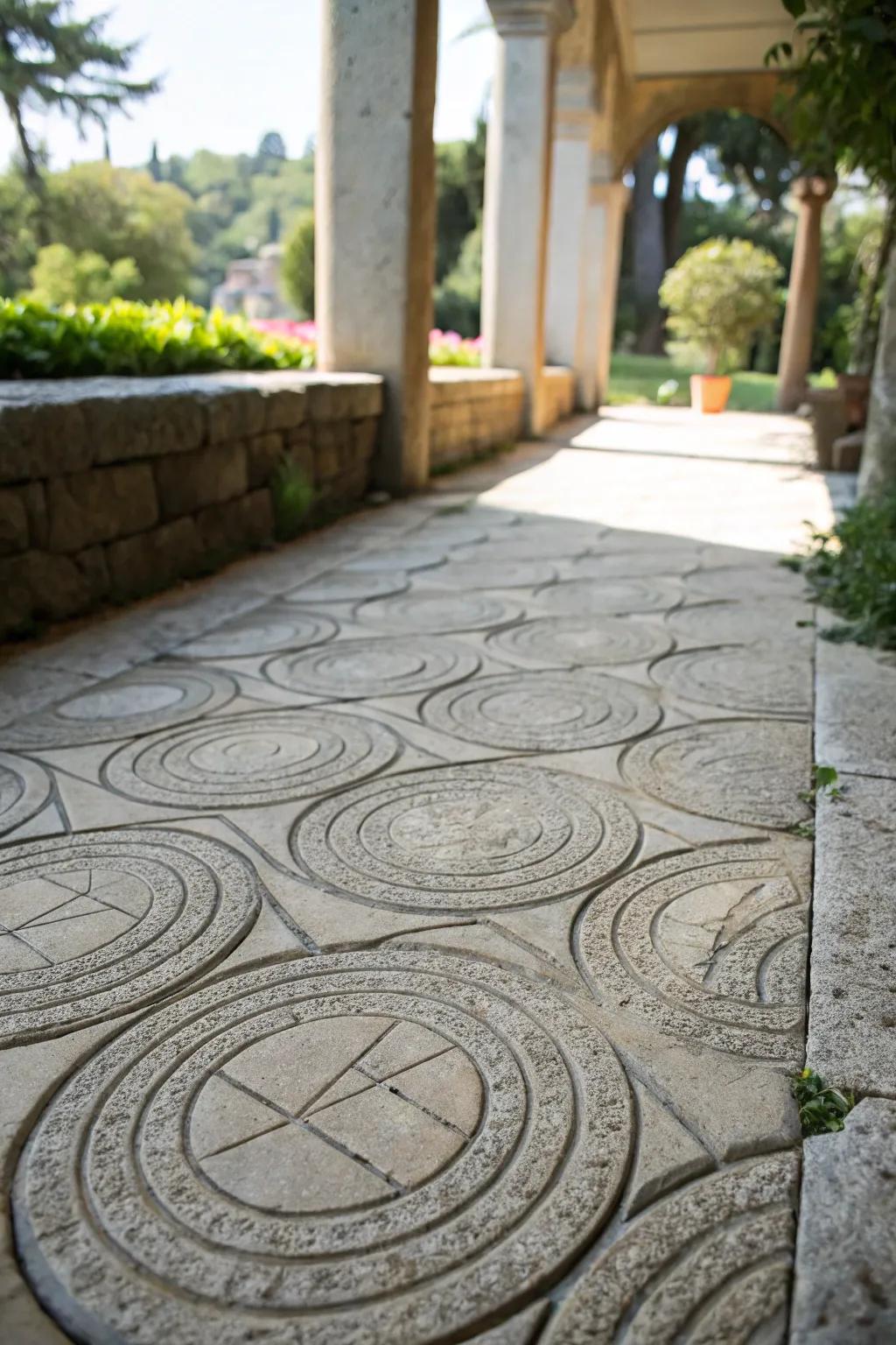 A stone patio with dynamic rounded designs.