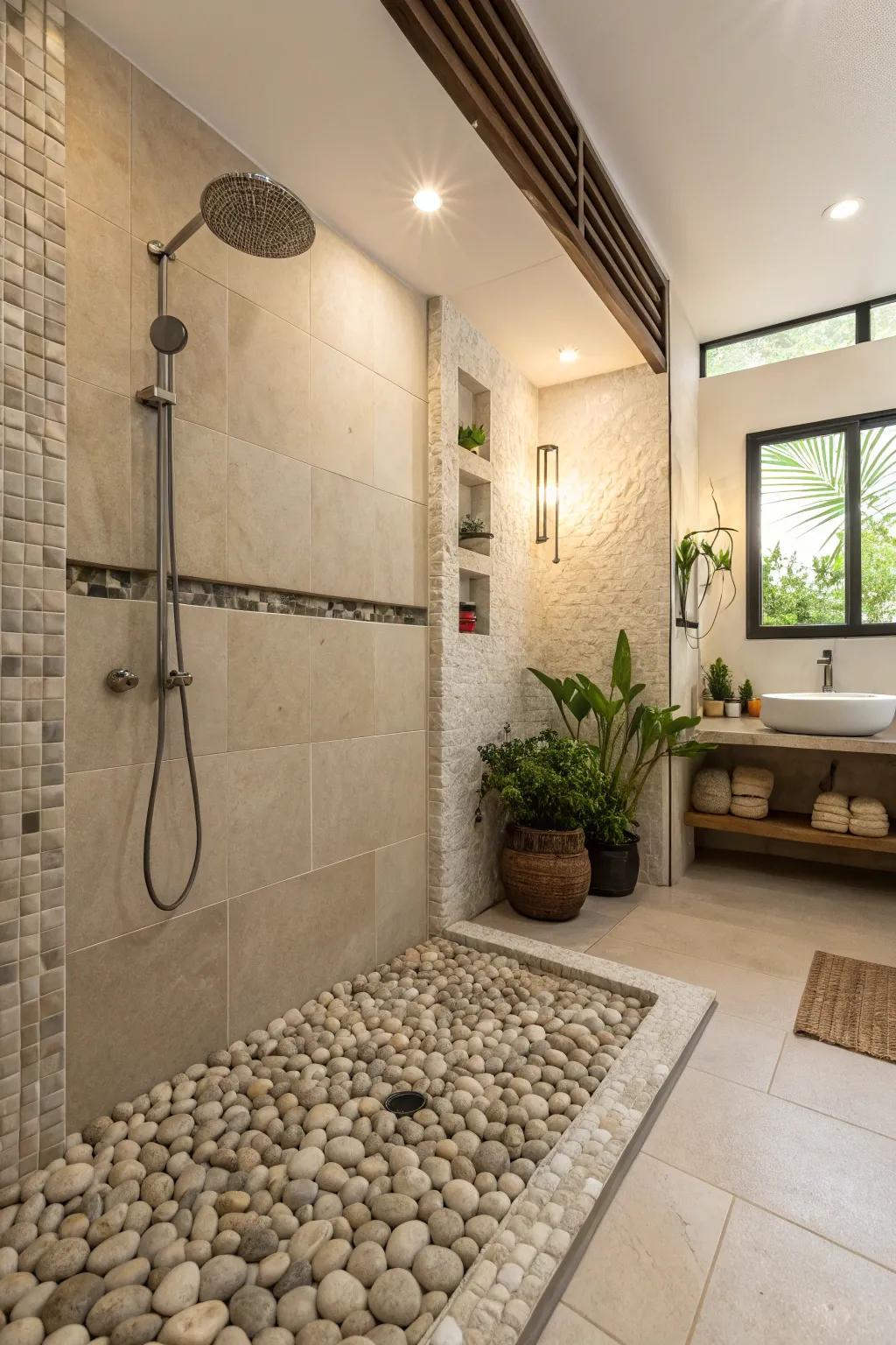 Shingle stones add a Zen-inspired touch to shower designs.