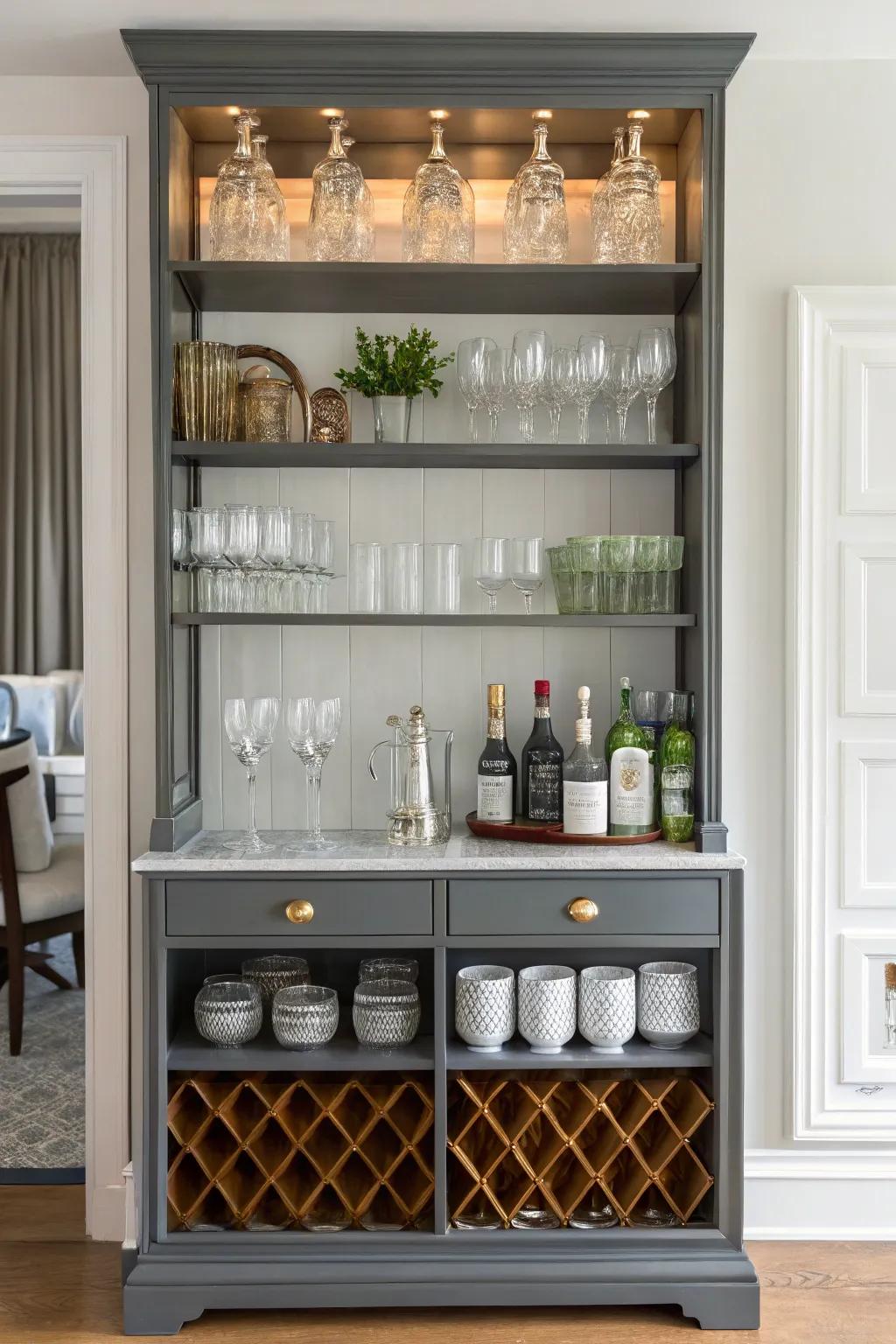 Reused bookcases offer lots of space for stylish glass storage.