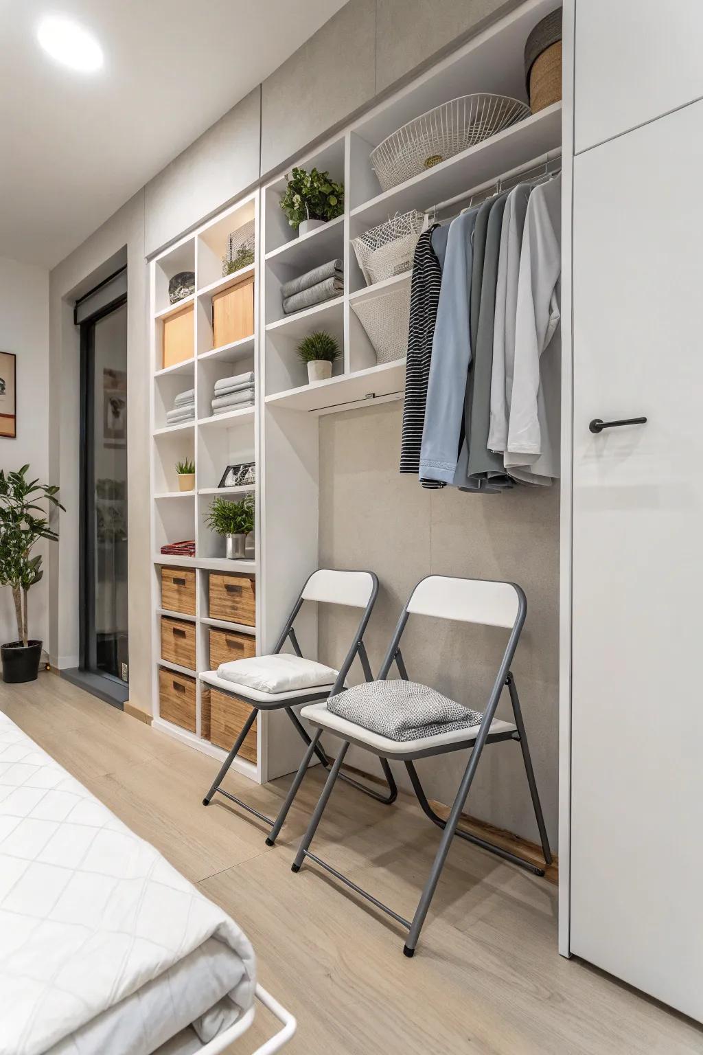 Foldable furniture extends versatility within a studio.