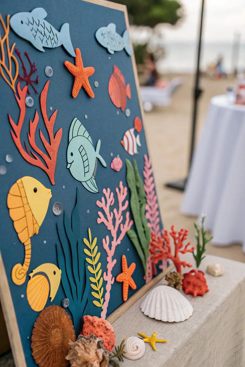 An underwater adventure-themed bulletin board using marine creatures and coral.