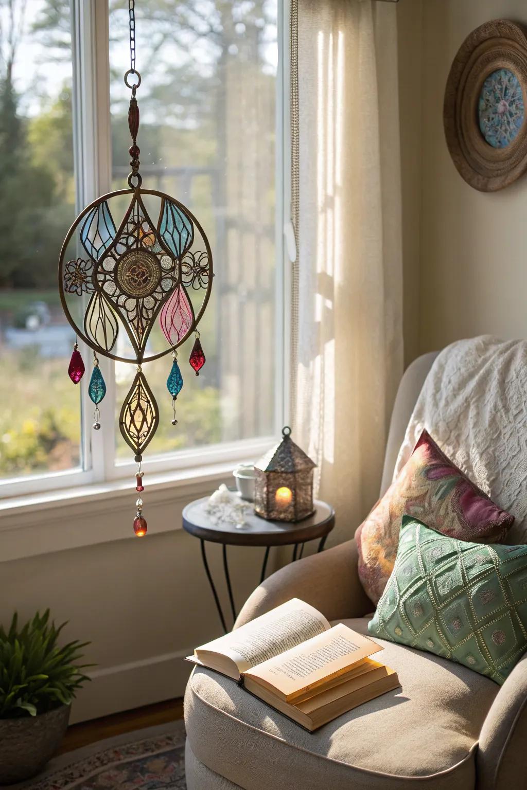 Wire-bound light catchers show intricate elegance.