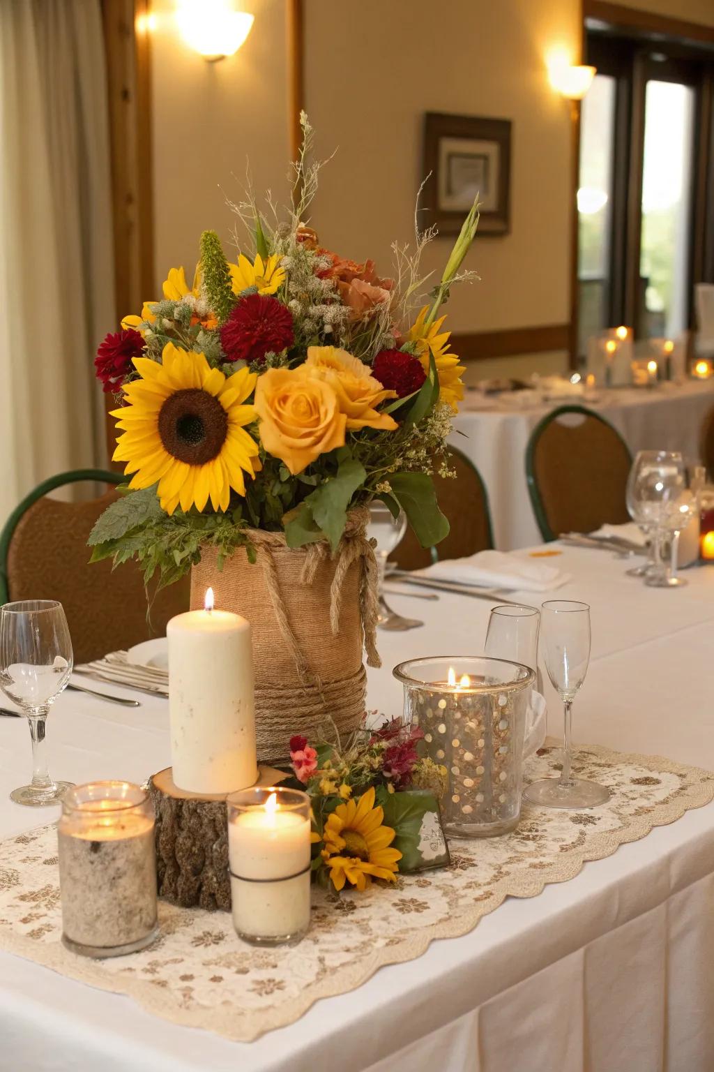 A sunflower-adorned sweetheart table for the newlyweds.