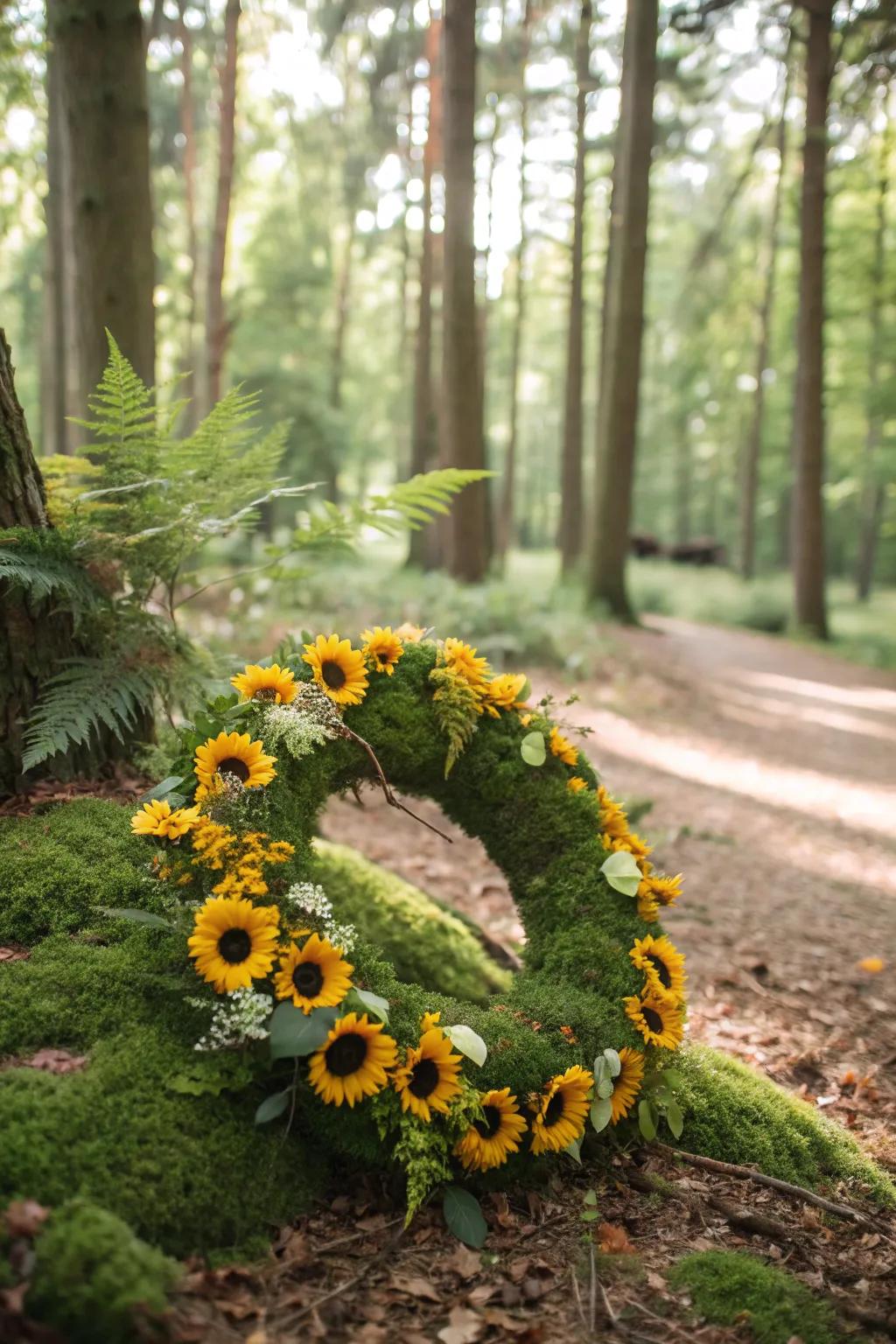 Lush and enchanting, a sunflower wreath with a moss base.