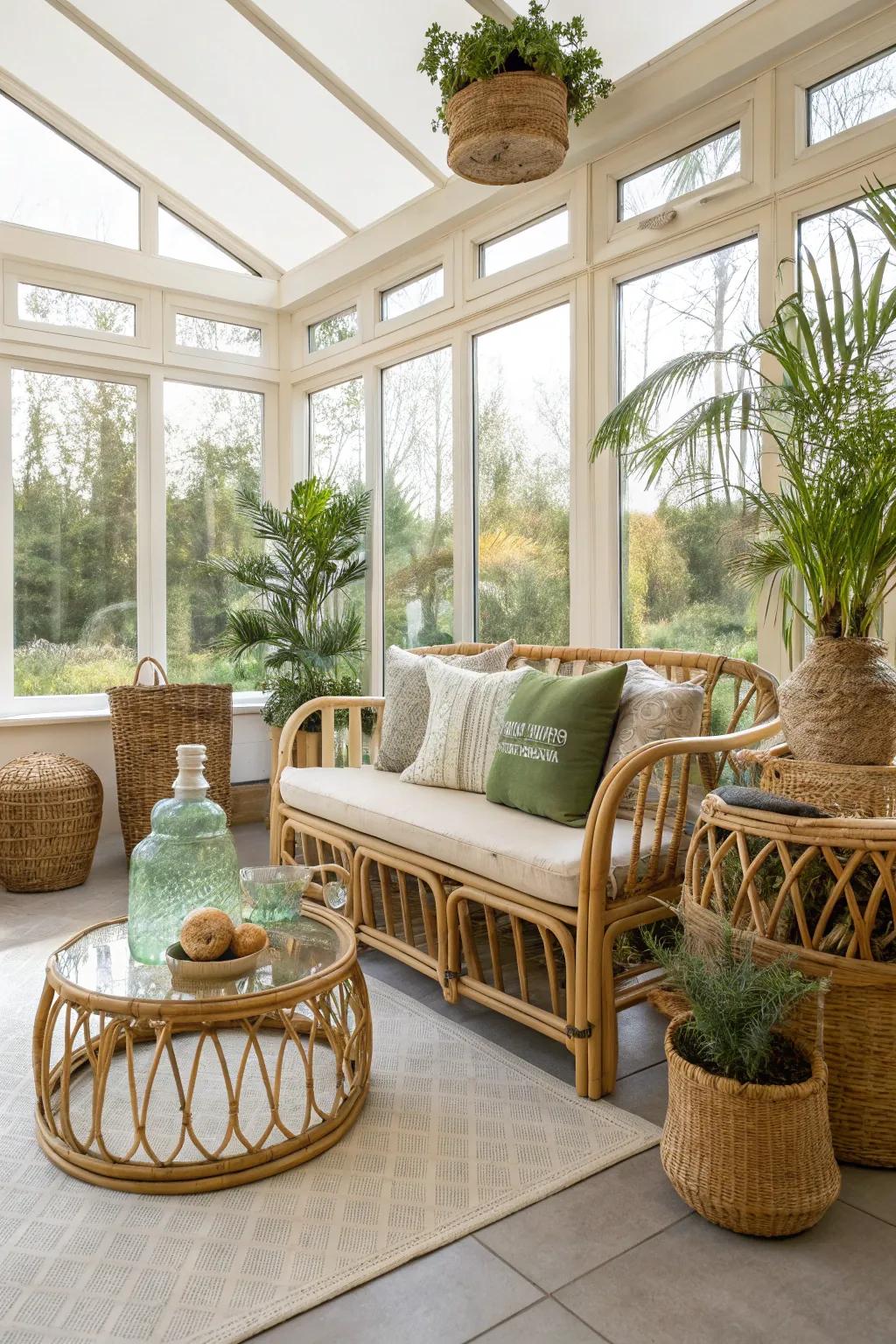Environmentally friendly resources enhance the sunroom’s organic vibe.