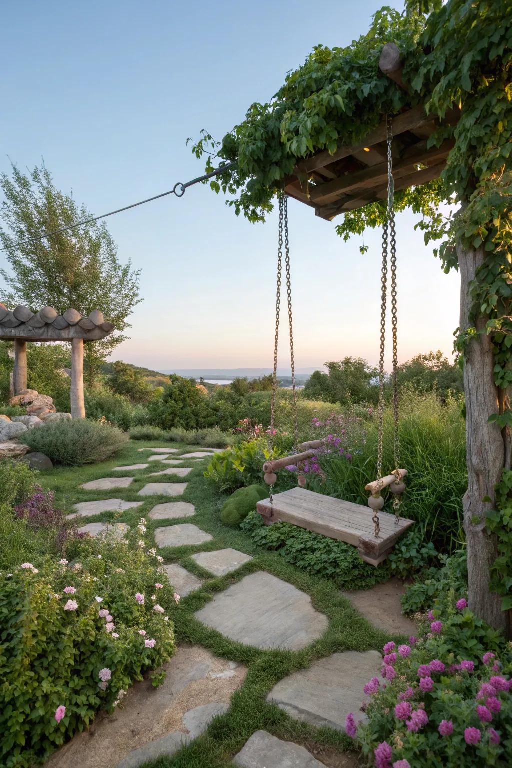 A swing with natural stone elements elevates garden harmony.