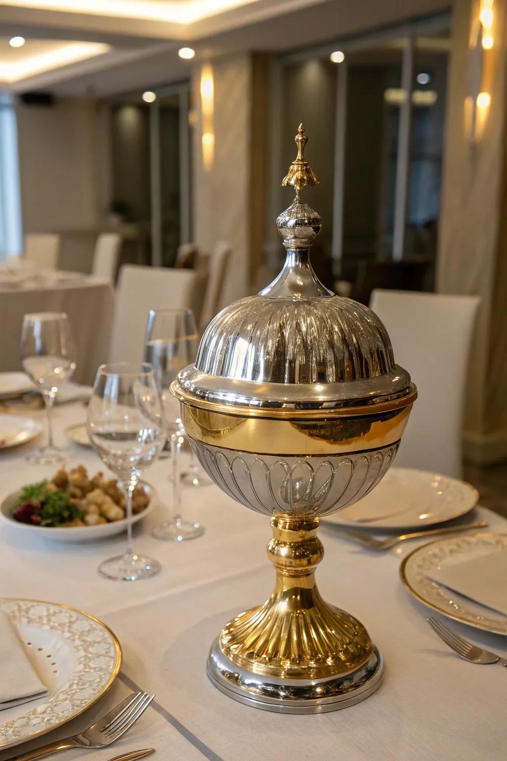 A glamorous centerpiece with unexpected metallics.