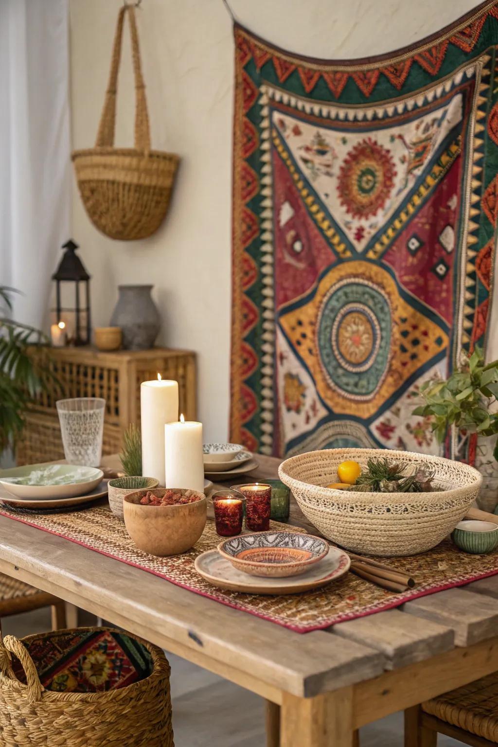 Decor fabrics add vibrant texture and cultural flair.