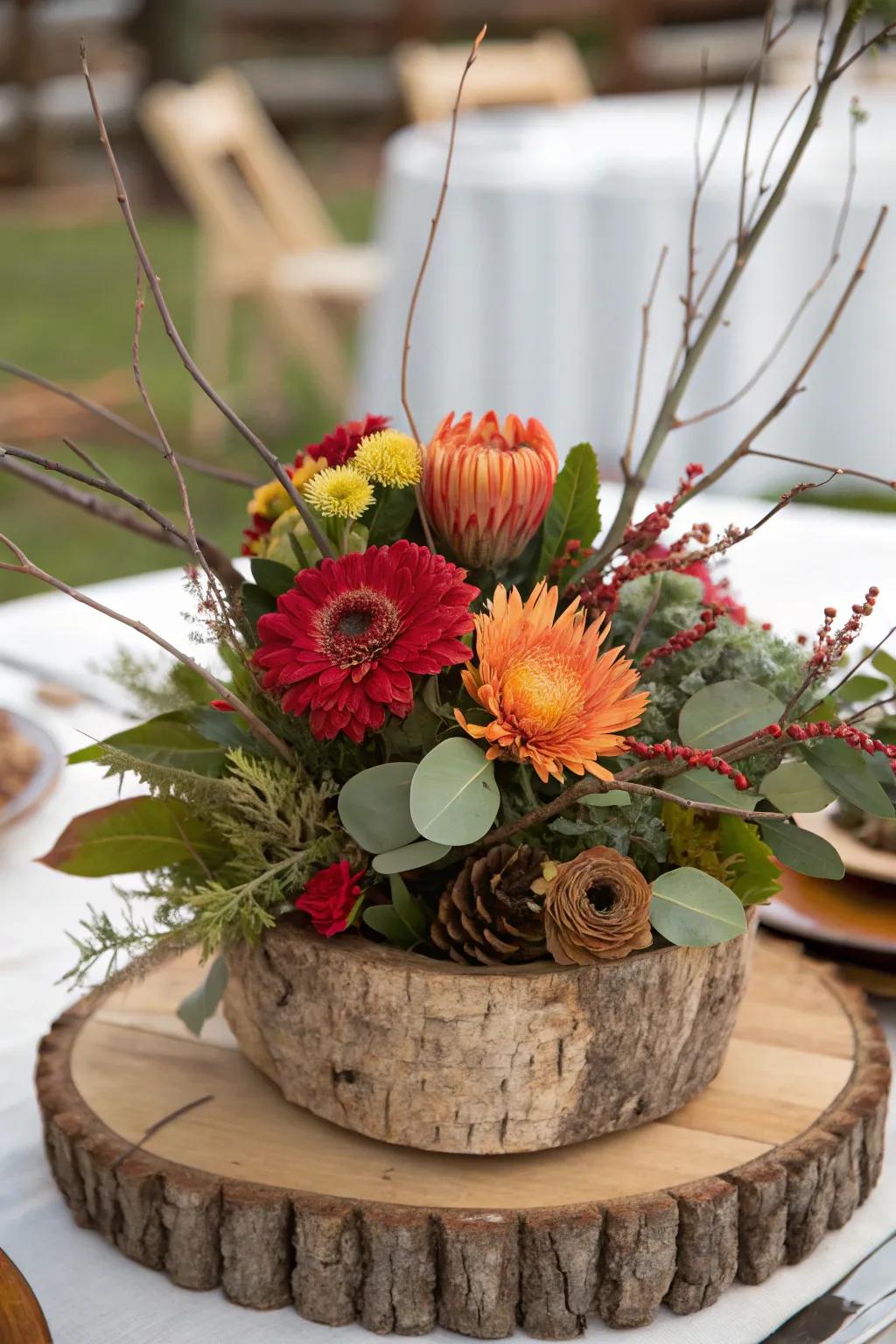 An earthy centerpiece with wood elements and succulent arrangements.