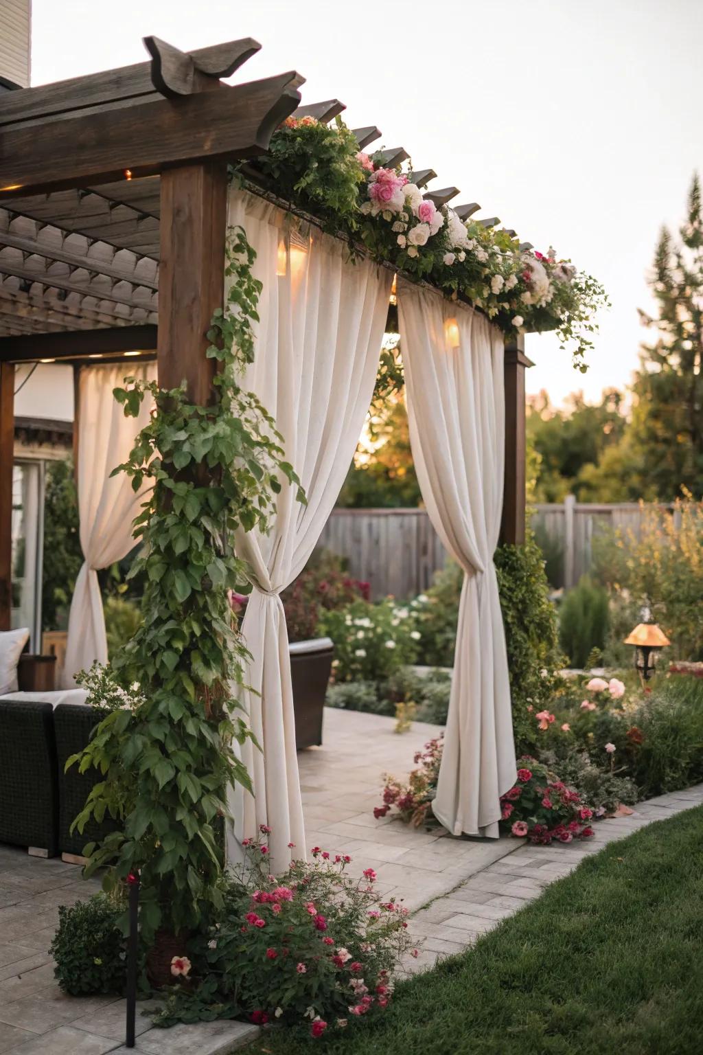 Open-air hangings introducing elegance and privacy to a pergola.